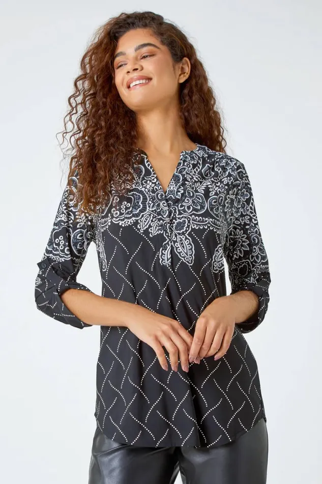 Black Textured Border Print Stretch Shirt Women Roman Tops