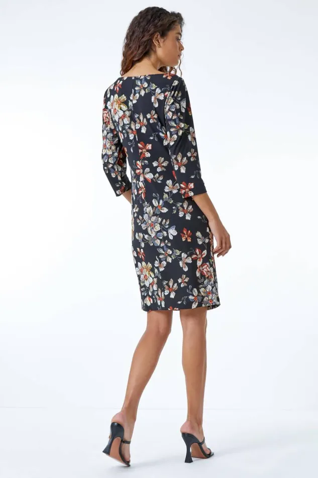 Black Textured Floral Print Ruched Waist Dress Women Roman Dresses