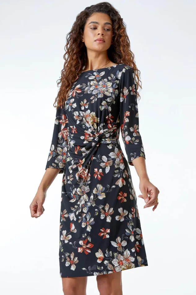Black Textured Floral Print Ruched Waist Dress Women Roman Dresses