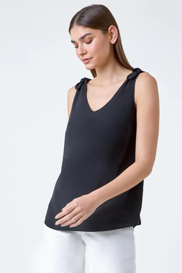 Black Tie Detail Strap VNeck Cami Top Women Roman Tops