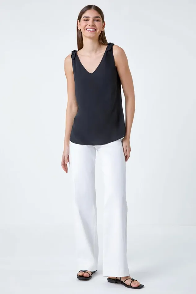 Black Tie Detail Strap VNeck Cami Top Women Roman Tops