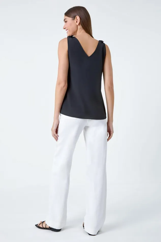 Black Tie Detail Strap VNeck Cami Top Women Roman Tops