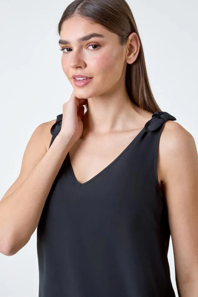 Black Tie Detail Strap VNeck Cami Top Women Roman Tops