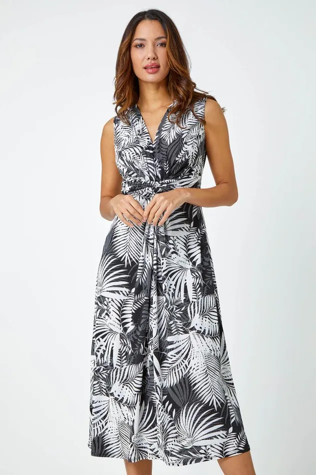 Black Tropical Twist Front Stretch Midi Dress Women Roman Dresses
