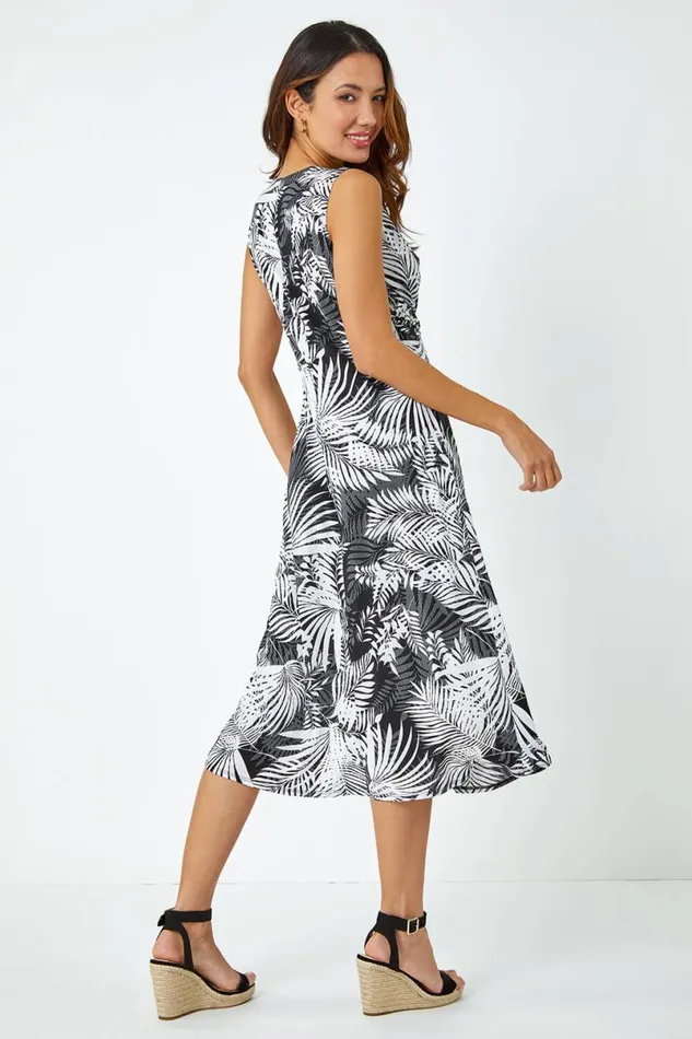 Black Tropical Twist Front Stretch Midi Dress Women Roman Dresses