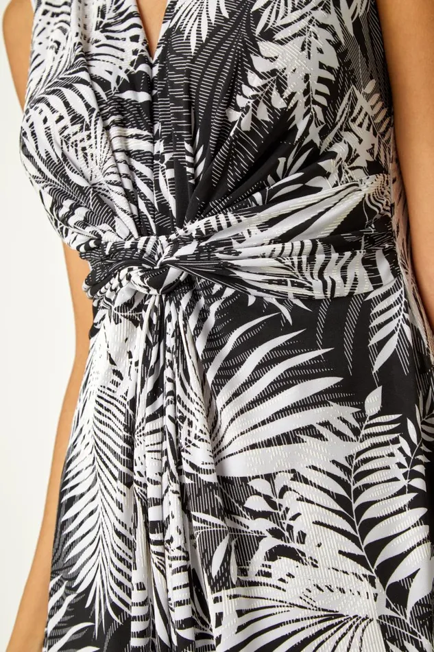 Black Tropical Twist Front Stretch Midi Dress Women Roman Dresses