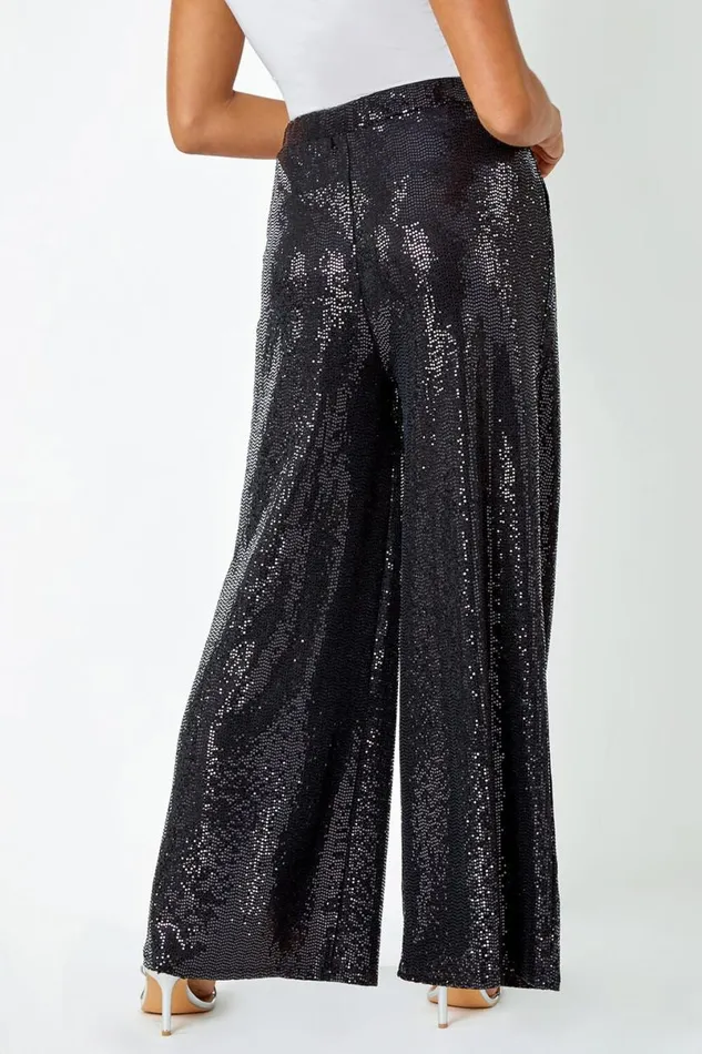 Black Wide Leg Sequin Stretch Trousers Women Roman Trousers