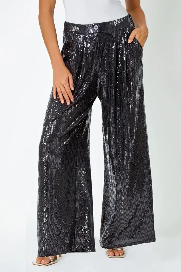 Black Wide Leg Sequin Stretch Trousers Women Roman Trousers