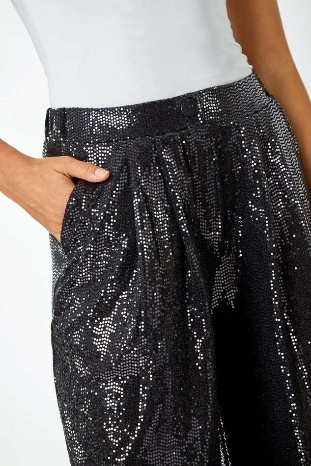 Black Wide Leg Sequin Stretch Trousers Women Roman Trousers