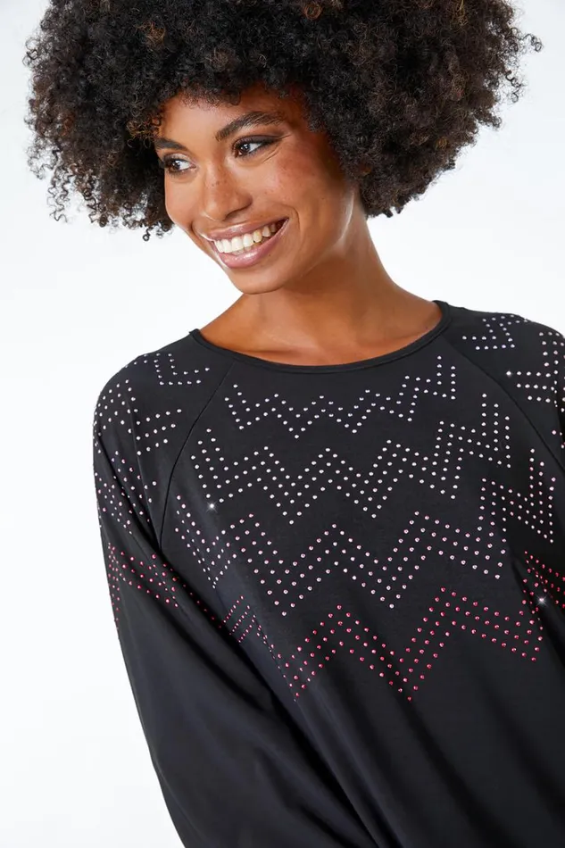 Black Zig Zag Embellished Oversized Top Women Roman Tops