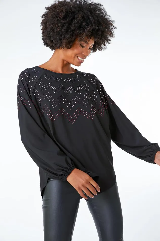 Black Zig Zag Embellished Oversized Top Women Roman Tops
