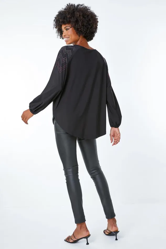 Black Zig Zag Embellished Oversized Top Women Roman Tops