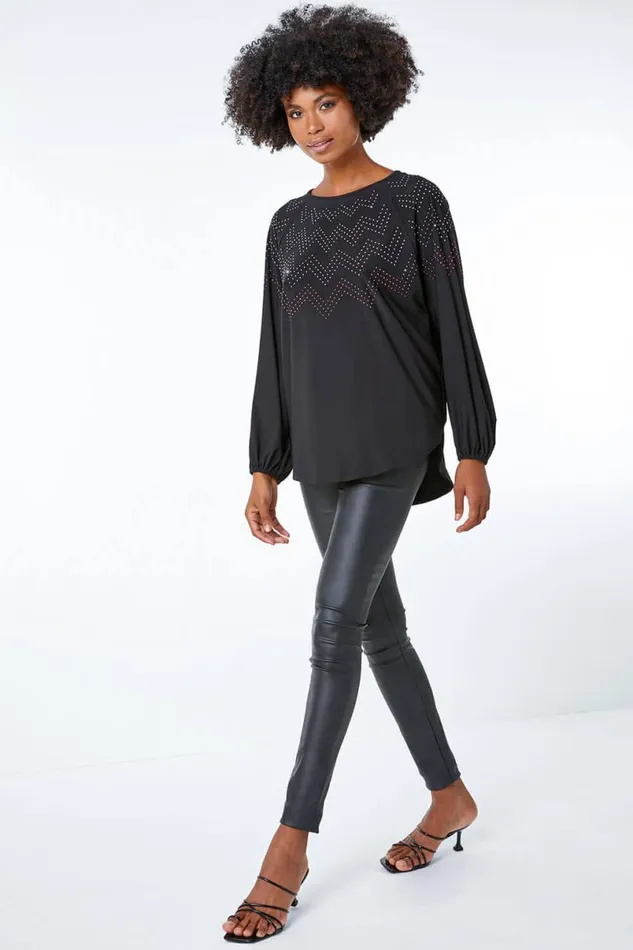 Black Zig Zag Embellished Oversized Top Women Roman Tops