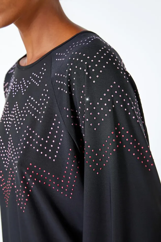 Black Zig Zag Embellished Oversized Top Women Roman Tops