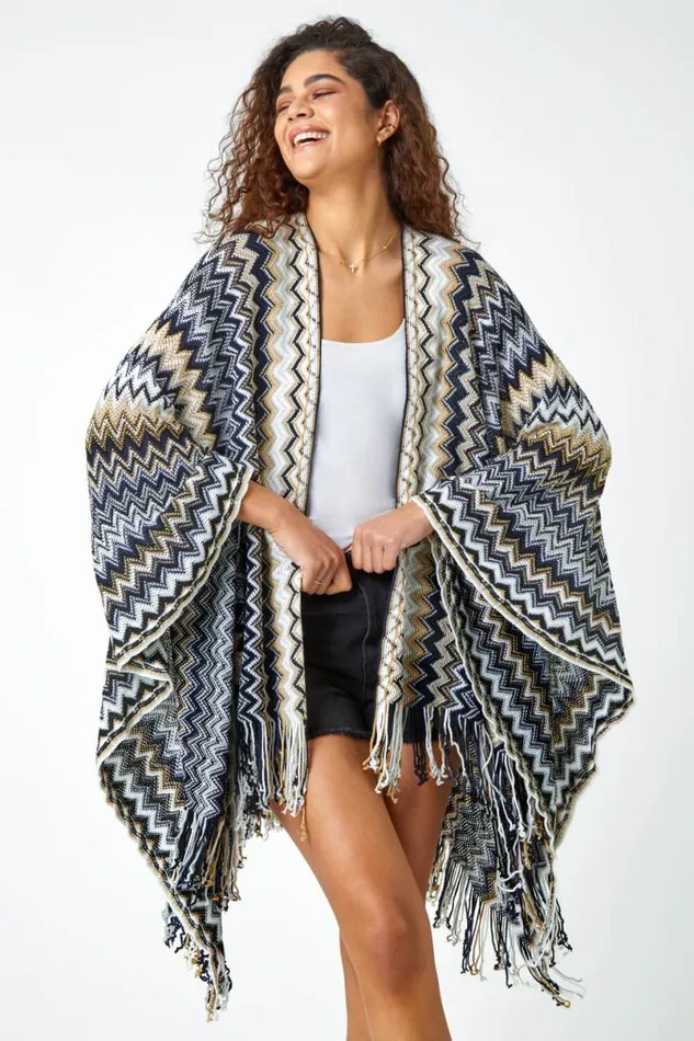 Black Zig Zag Fringe Detail Knitted Cape Women Roman Knitwear