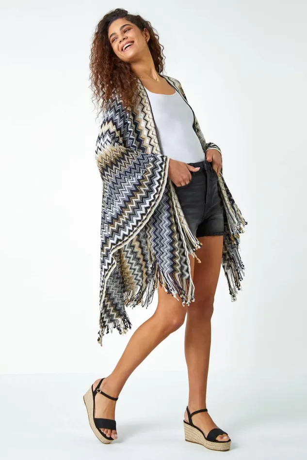 Black Zig Zag Fringe Detail Knitted Cape Women Roman Knitwear
