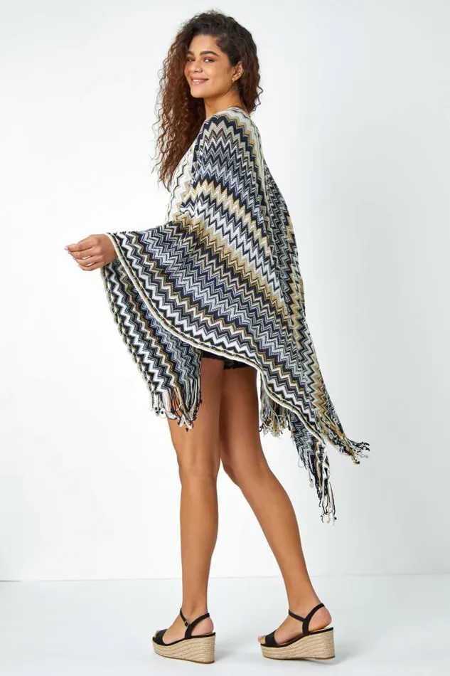 Black Zig Zag Fringe Detail Knitted Cape Women Roman Knitwear