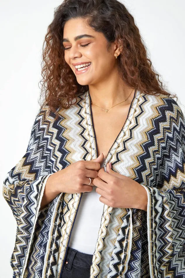 Black Zig Zag Fringe Detail Knitted Cape Women Roman Knitwear