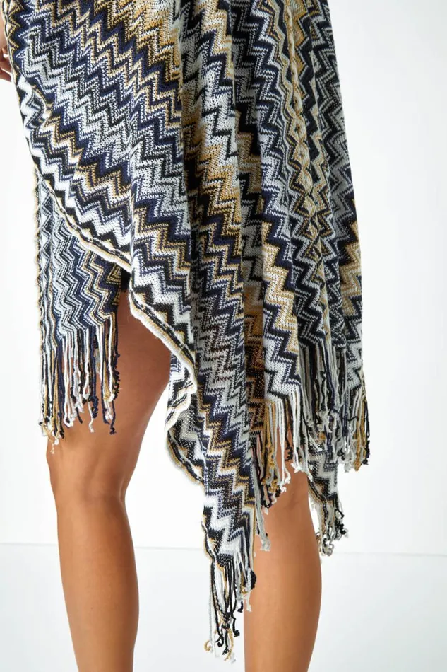 Black Zig Zag Fringe Detail Knitted Cape Women Roman Knitwear