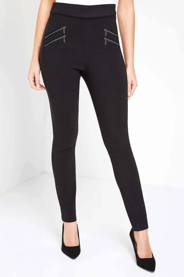 Black Zip Detail Stretch Elastic Waist Legging Women Roman Trousers