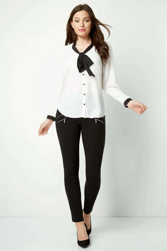 Black Zip Detail Stretch Elastic Waist Legging Women Roman Trousers