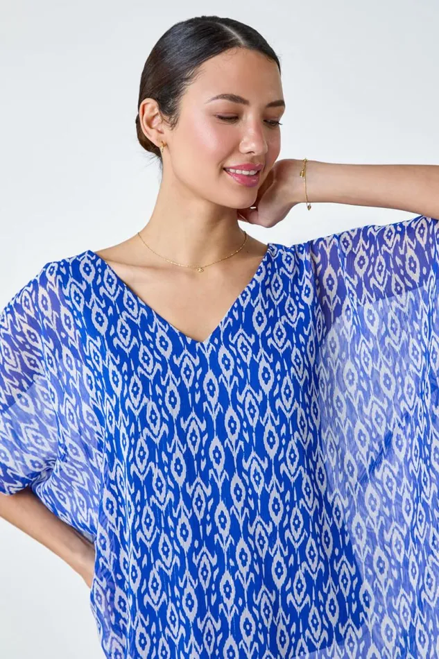 Blue Abstract Print VNeck Overlay Tunic Top Women Roman Tops