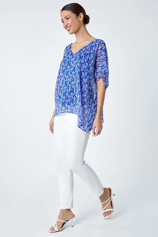 Blue Abstract Print VNeck Overlay Tunic Top Women Roman Tops
