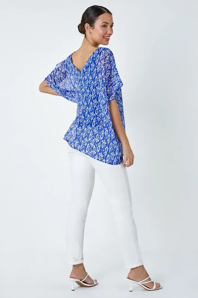 Blue Abstract Print VNeck Overlay Tunic Top Women Roman Tops