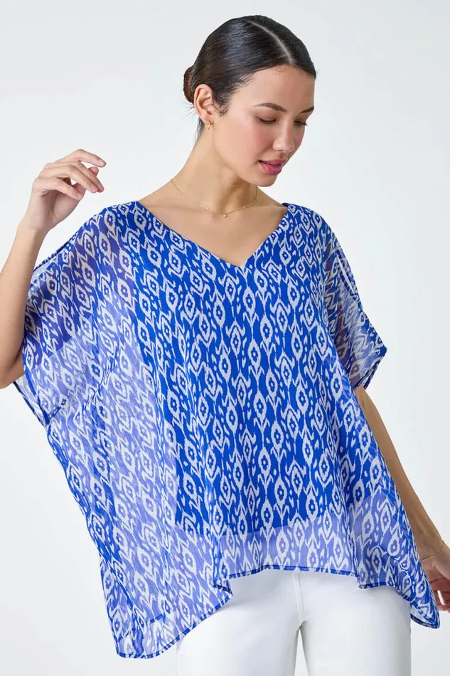 Blue Abstract Print VNeck Overlay Tunic Top Women Roman Tops