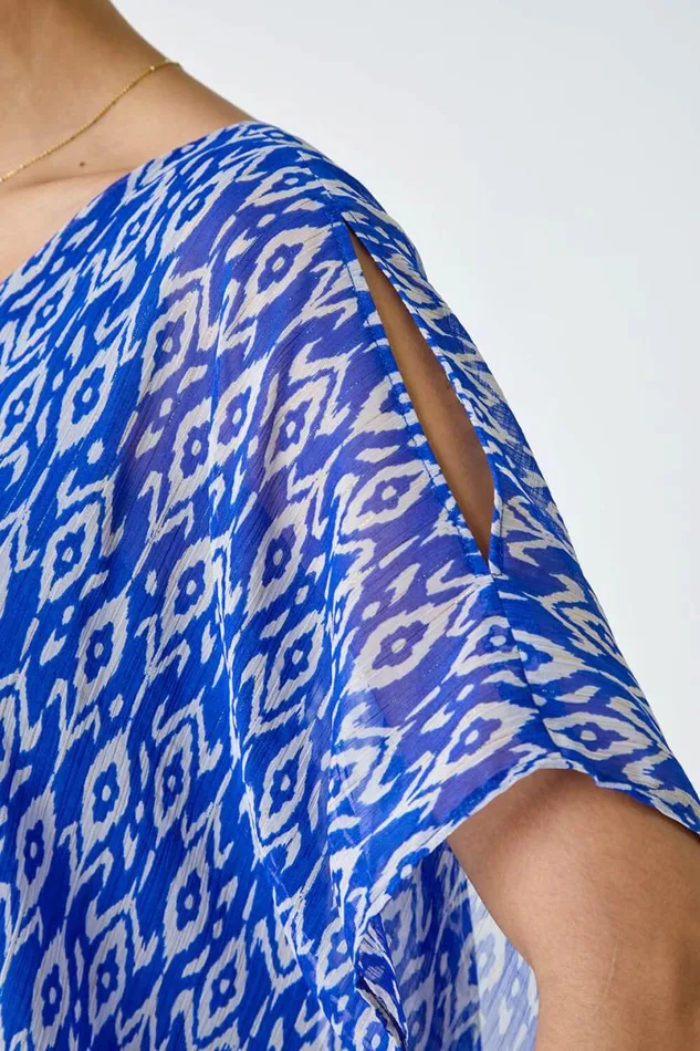 Blue Abstract Print VNeck Overlay Tunic Top Women Roman Tops