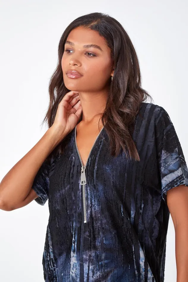 Blue Abstract Print Zip Front VNeck TShirt Women Roman Tops
