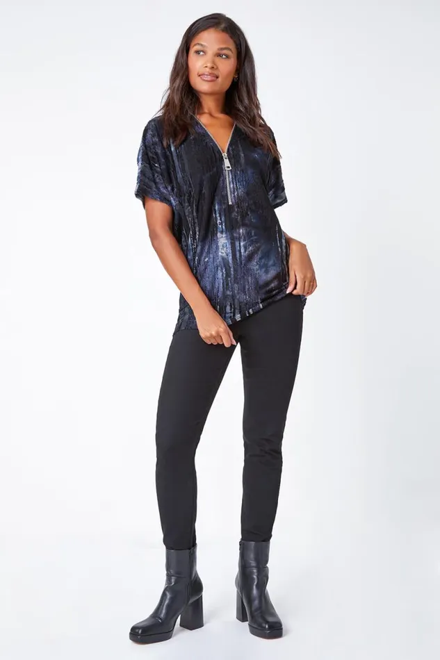 Blue Abstract Print Zip Front VNeck TShirt Women Roman Tops