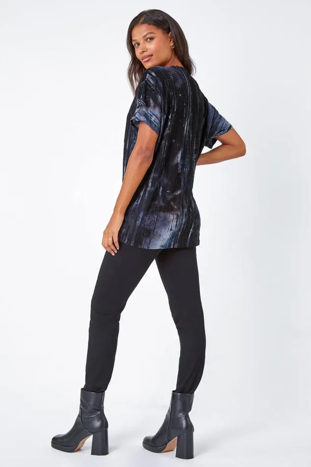 Blue Abstract Print Zip Front VNeck TShirt Women Roman Tops