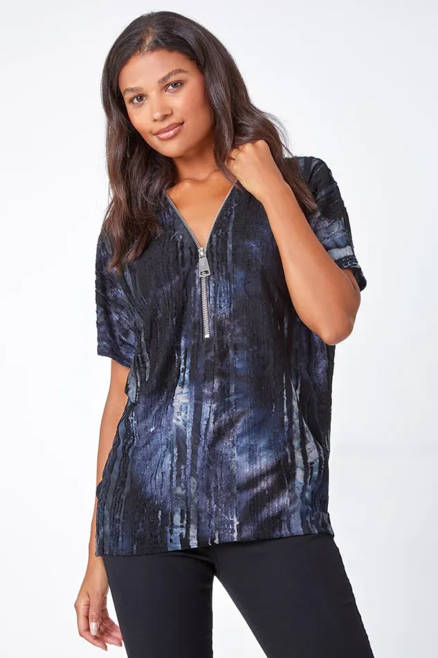 Blue Abstract Print Zip Front VNeck TShirt Women Roman Tops
