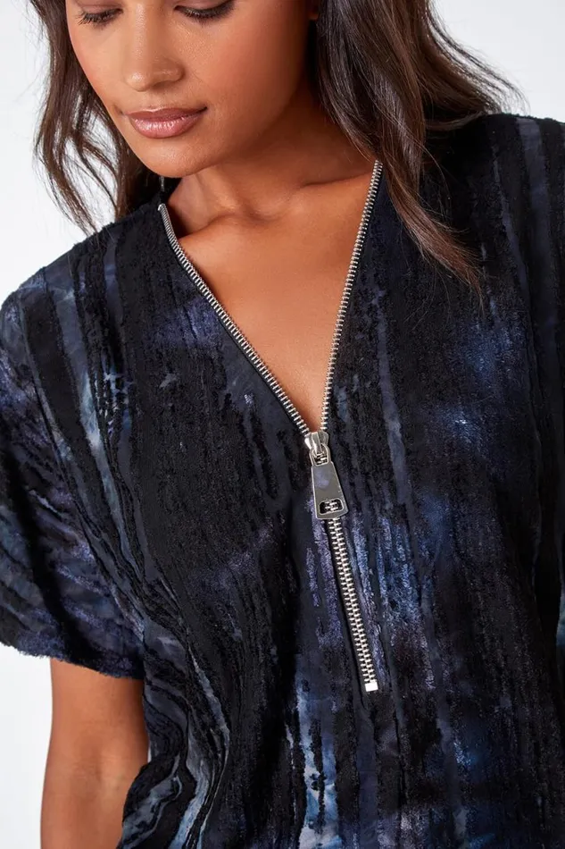 Blue Abstract Print Zip Front VNeck TShirt Women Roman Tops