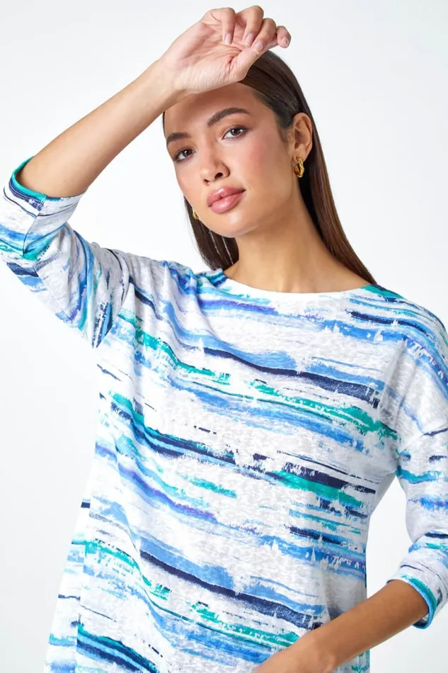 Blue Abstract Stripe Hanky Hem Stretch Top Women Roman Tops