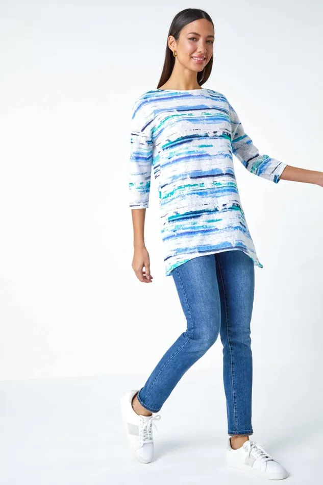 Blue Abstract Stripe Hanky Hem Stretch Top Women Roman Tops