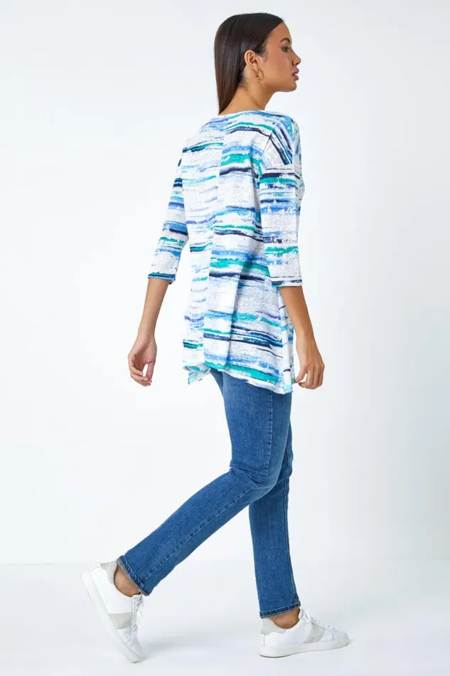 Blue Abstract Stripe Hanky Hem Stretch Top Women Roman Tops