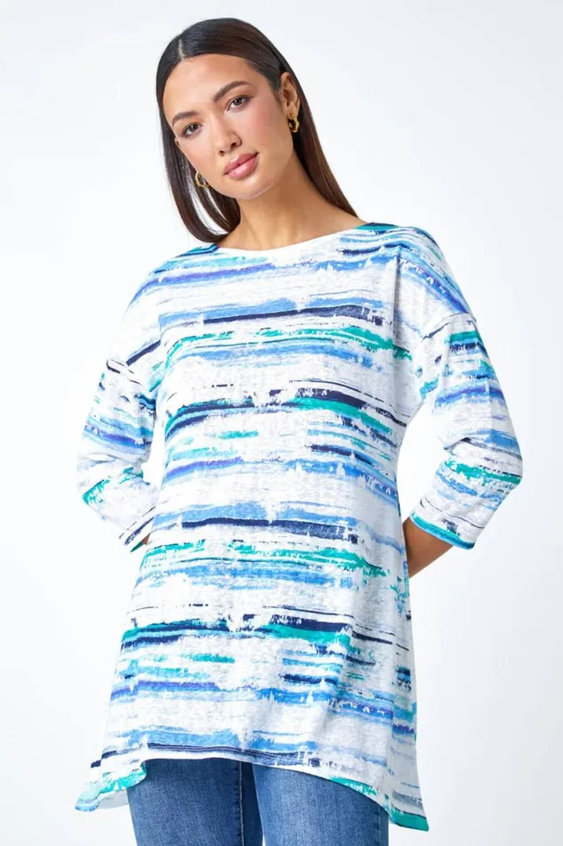 Blue Abstract Stripe Hanky Hem Stretch Top Women Roman Tops