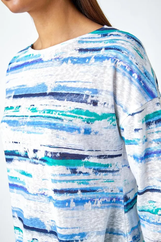Blue Abstract Stripe Hanky Hem Stretch Top Women Roman Tops