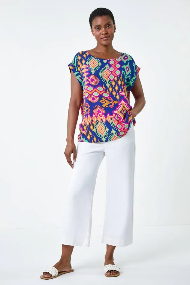 Blue Aztec Print Short Sleeve Top Women Roman Tops