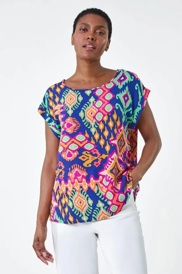 Blue Aztec Print Short Sleeve Top Women Roman Tops