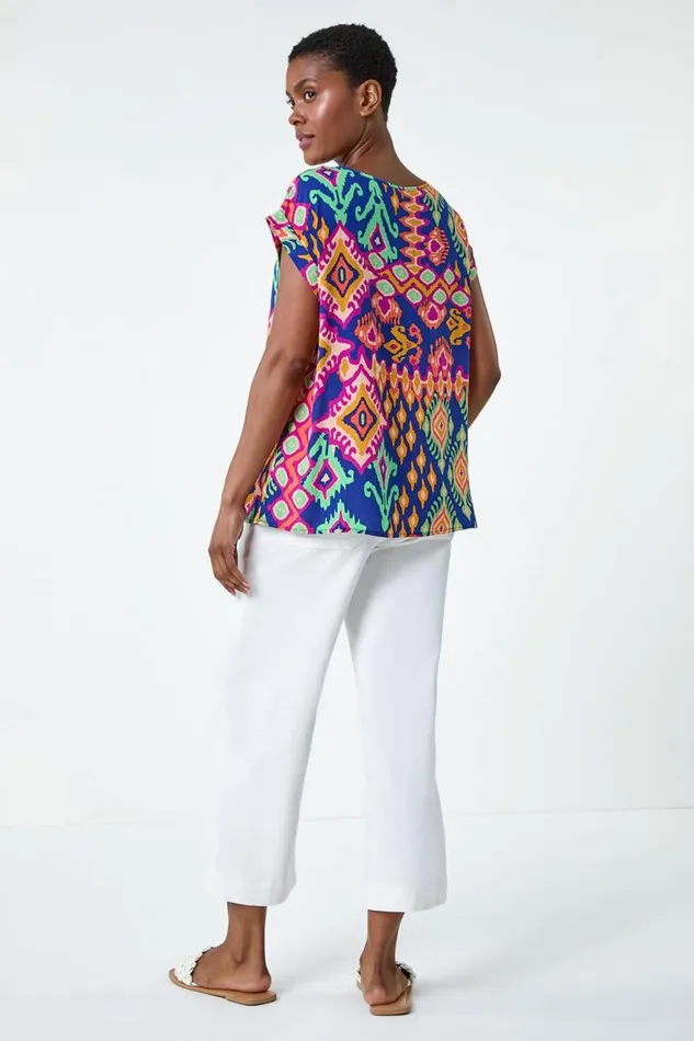 Blue Aztec Print Short Sleeve Top Women Roman Tops