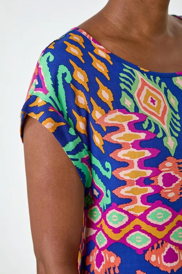 Blue Aztec Print Short Sleeve Top Women Roman Tops