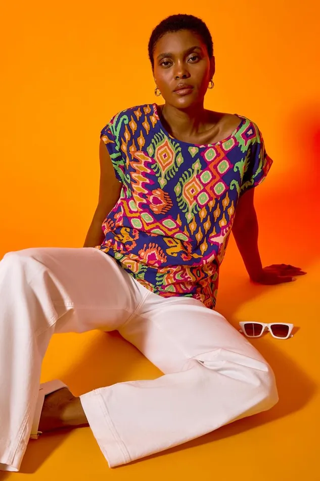 Blue Aztec Print Short Sleeve Top Women Roman Tops