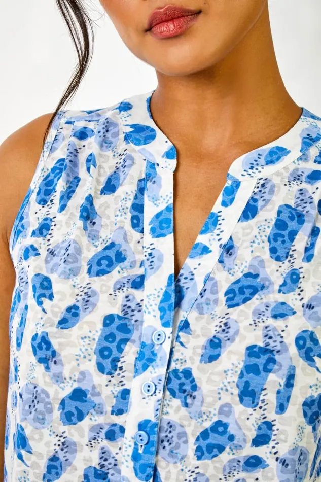 Blue Burnout Animal Spot Print VNeck Top Women Roman Tops