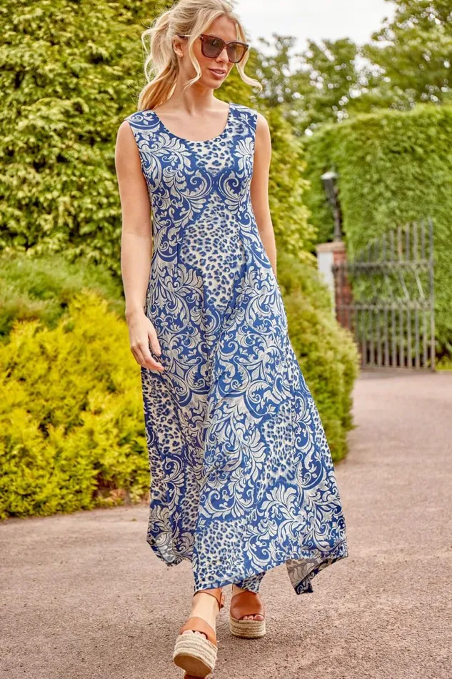 Blue Contrast Hanky Hem Asymmetric Midi Dress Women Roman Dresses