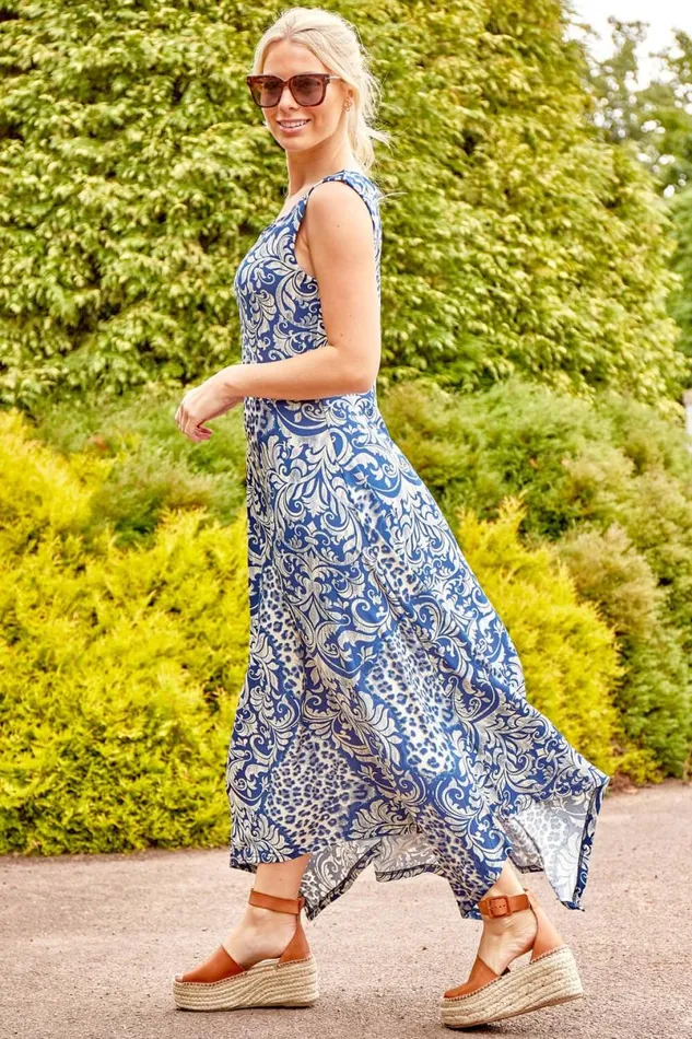 Blue Contrast Hanky Hem Asymmetric Midi Dress Women Roman Dresses