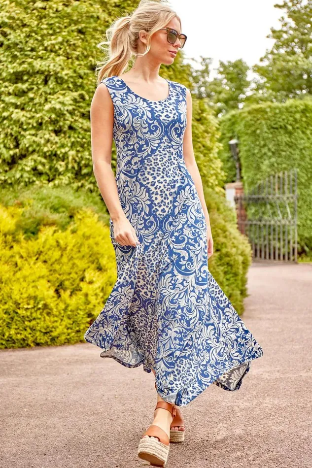 Blue Contrast Hanky Hem Asymmetric Midi Dress Women Roman Dresses