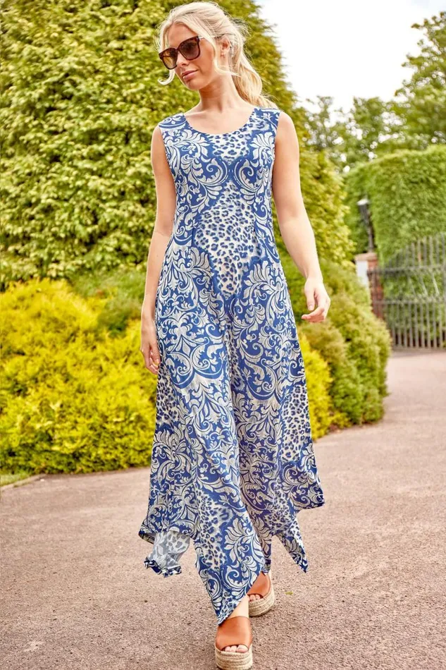 Blue Contrast Hanky Hem Asymmetric Midi Dress Women Roman Dresses